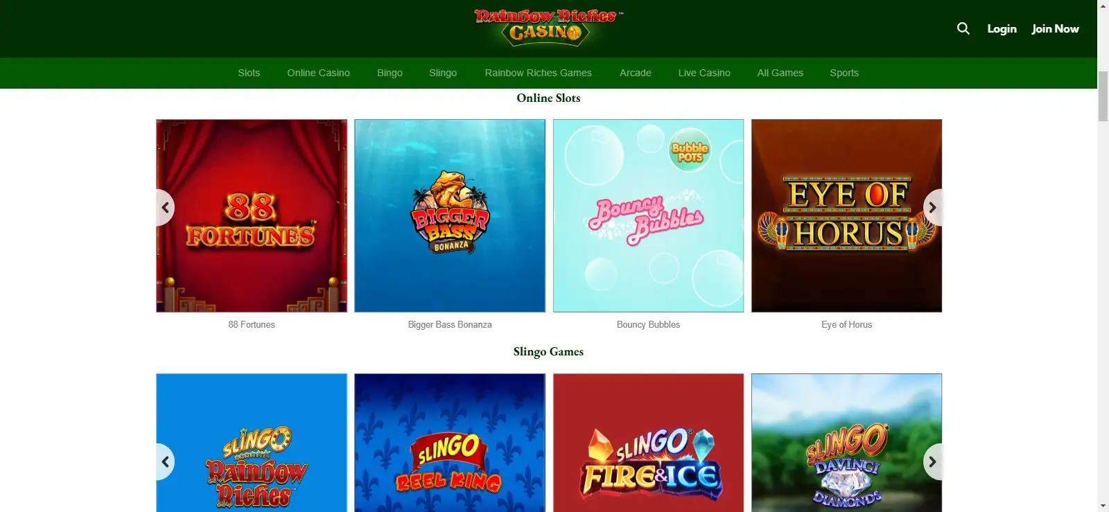 Rainbow Riches Casino game navigation showing slots, casino, bingo, Slingo and live casino categories