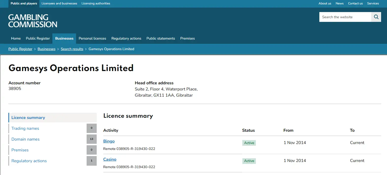 UK Gambling Commission register entry for Gamesys Operations Limited
