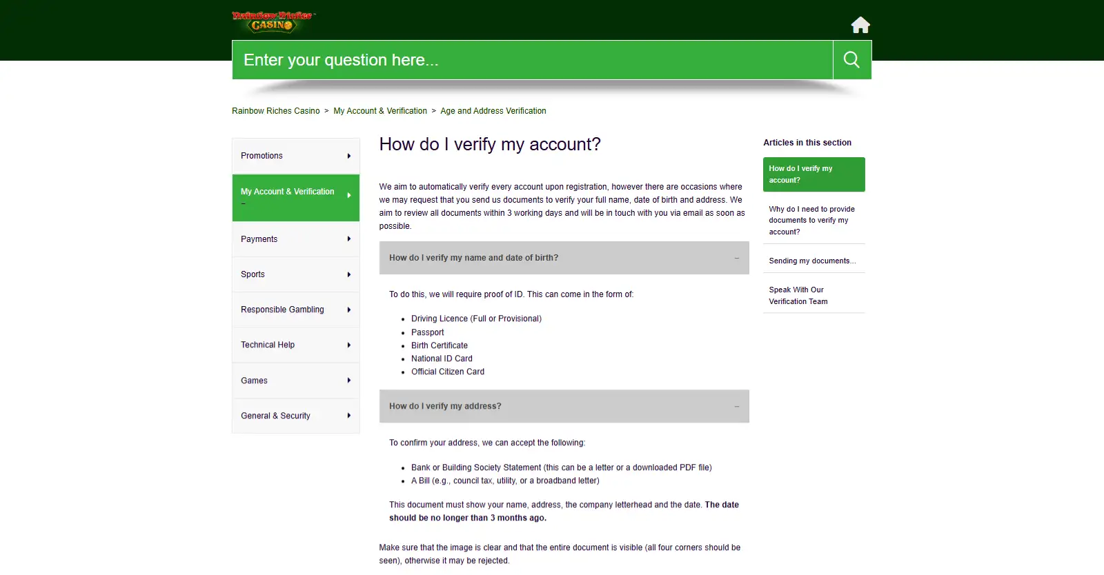 Rainbow Riches Casino verification Help Centre guidance