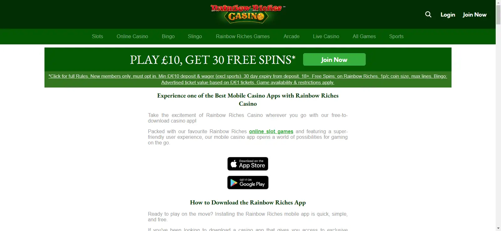 Official Rainbow Riches Casino mobile app page showing iOS and Android availability