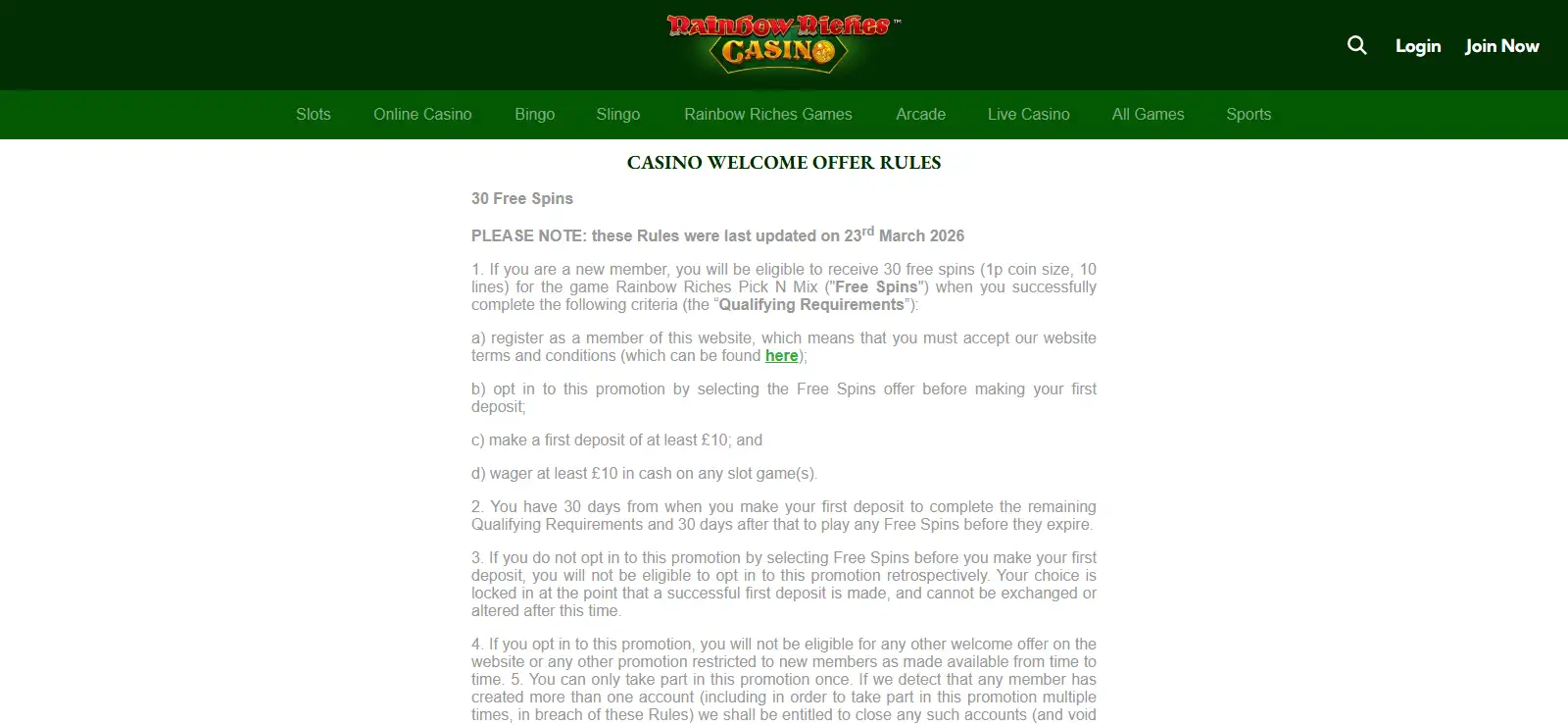 Rainbow Riches Casino welcome offer terms showing the current free spins rules