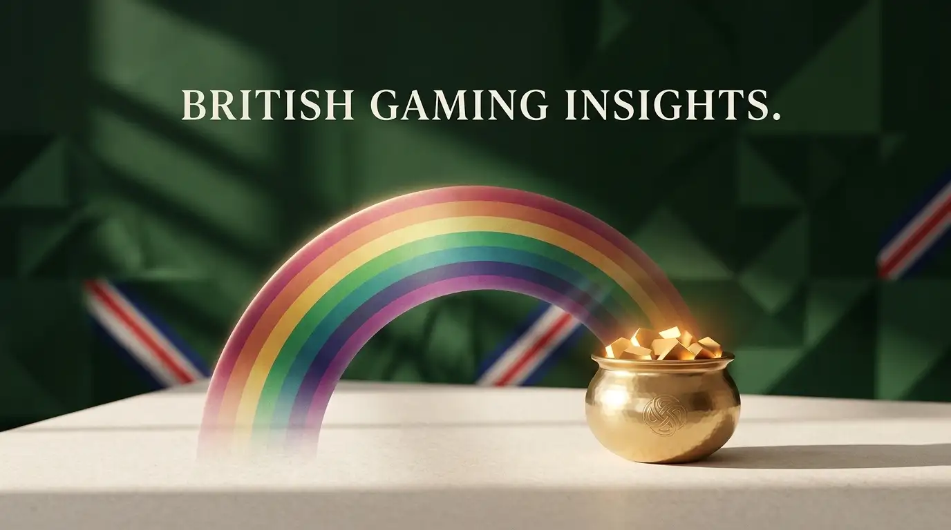 Editorial rainbow and gold casino illustration with subtle British visual cues