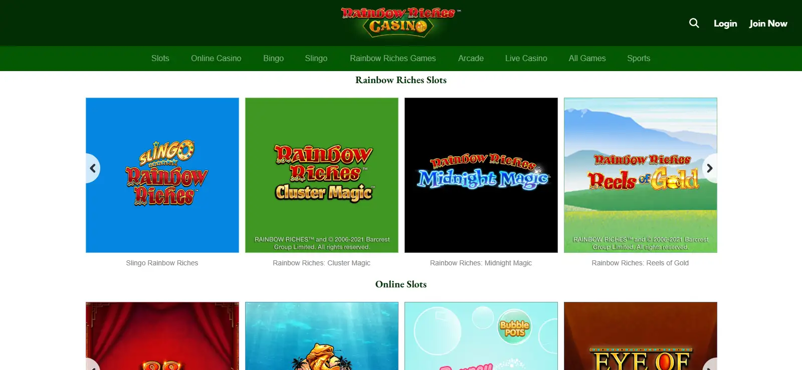Rainbow Riches Casino homepage and game navigation