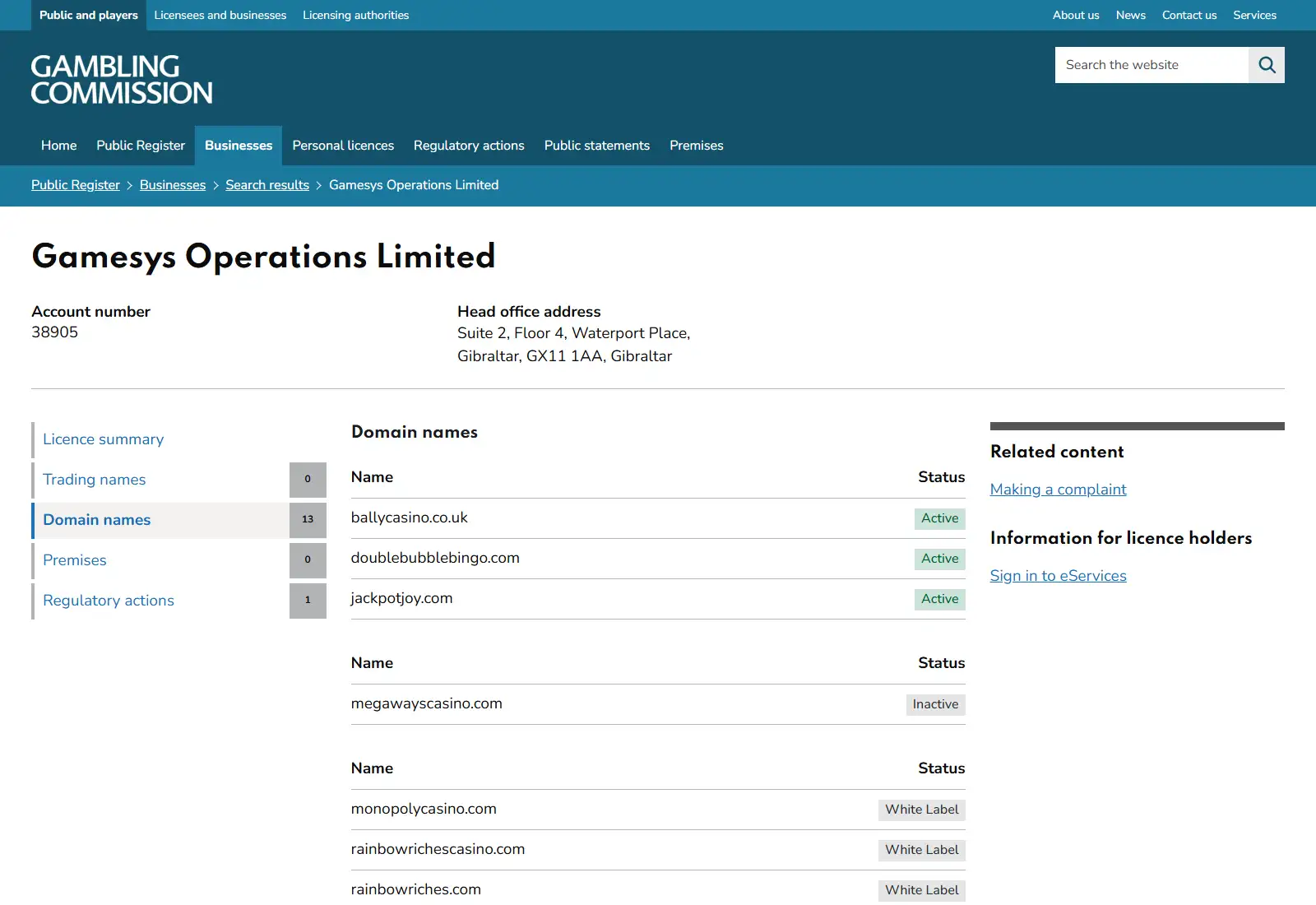 UK Gambling Commission domain register entry for rainbowrichescasino.com